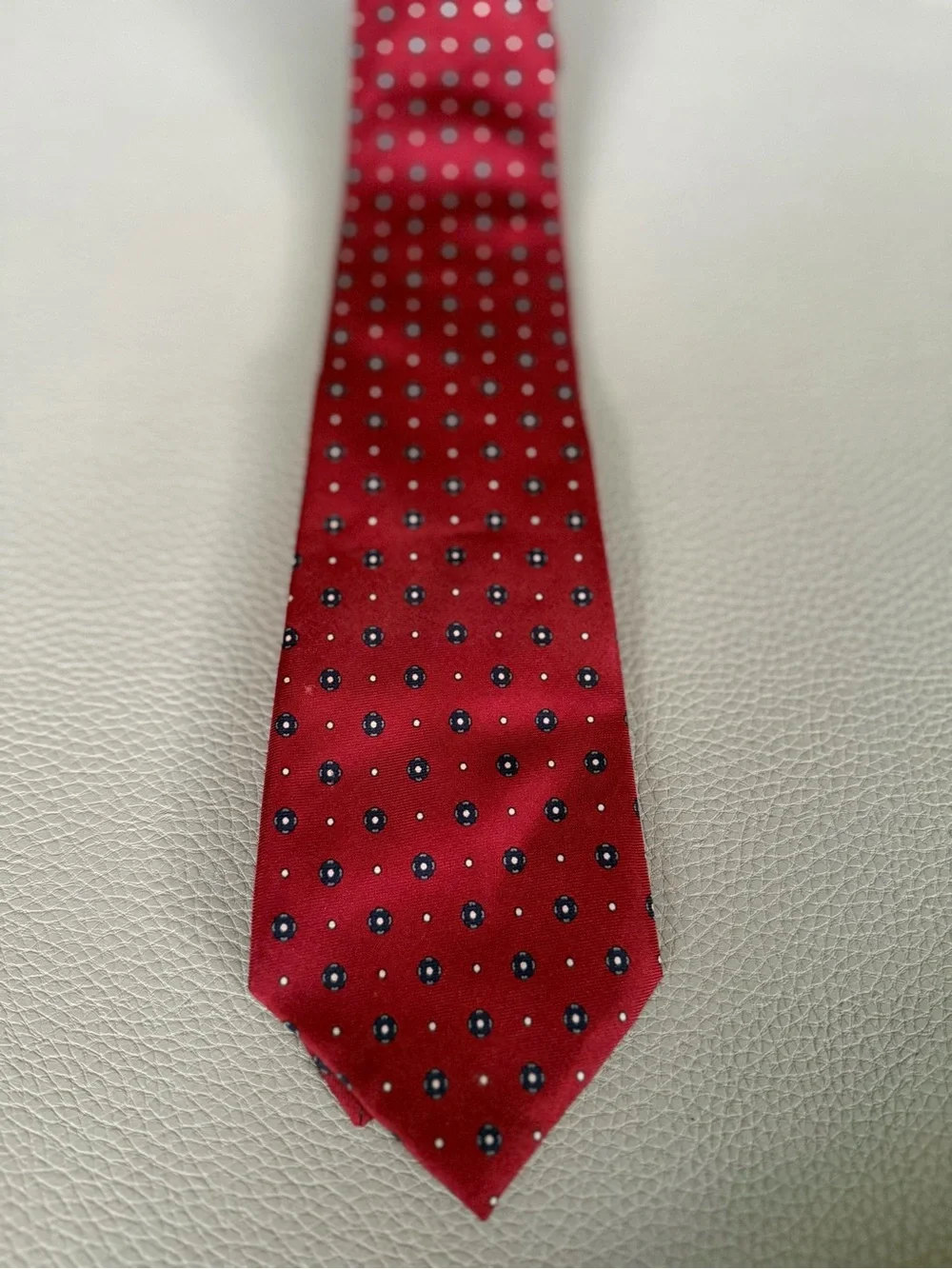 Christian Dior Burgundy Silk Tie with Navy and White Dot Motif